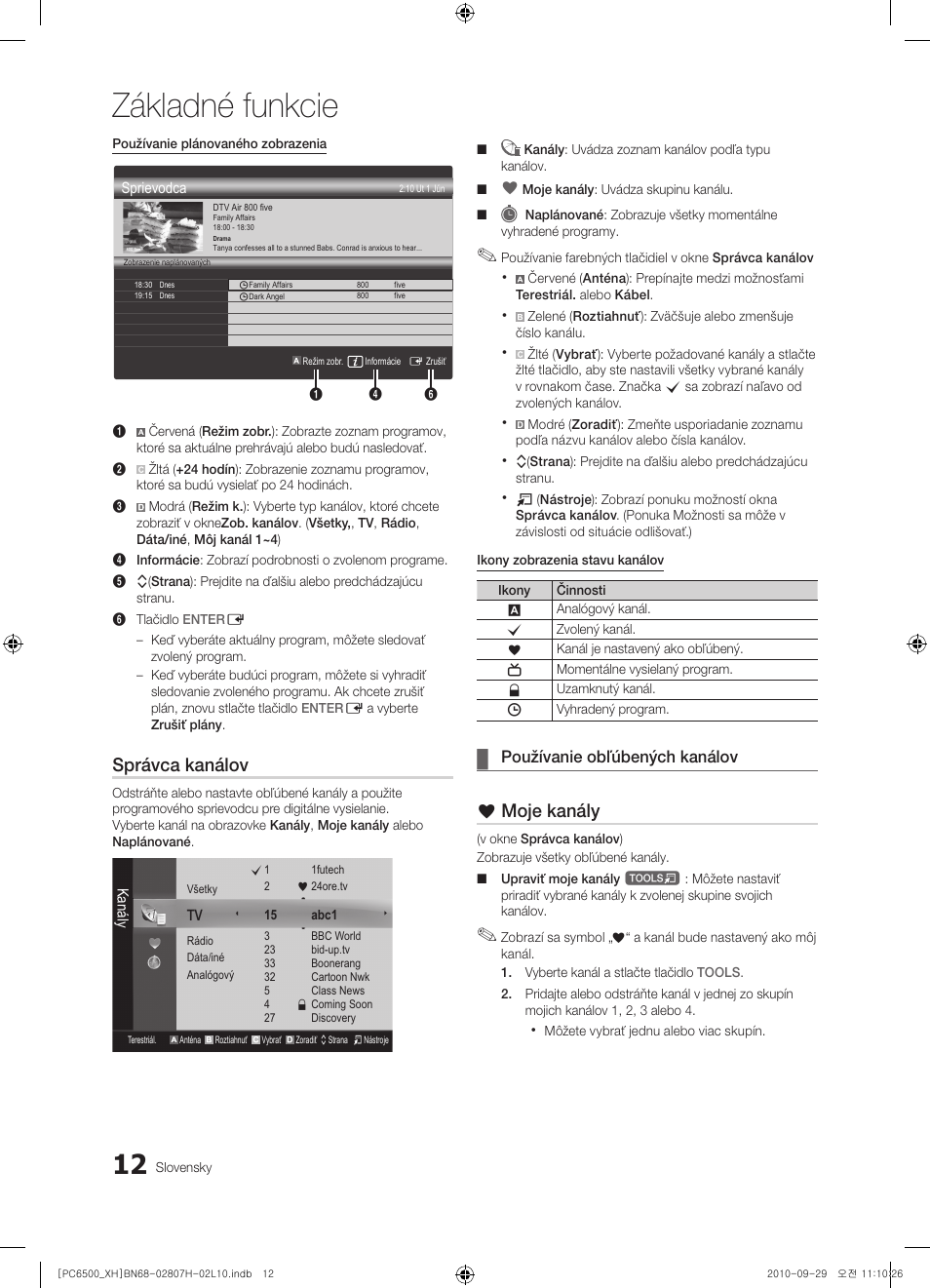 Základné funkcie, Správca kanálov, Moje kanály | Používanie obľúbených kanálov | Samsung PS50C6500TW User Manual | Page 397 / 551