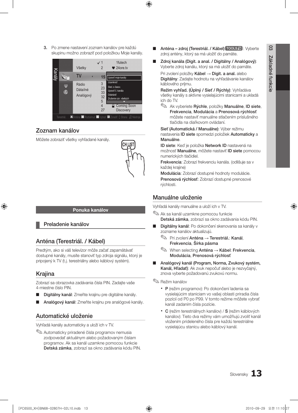 Zoznam kanálov, Anténa (terestriál. / kábel), Krajina | Automatické uloženie, Manuálne uloženie | Samsung PS50C6500TW User Manual | Page 398 / 551