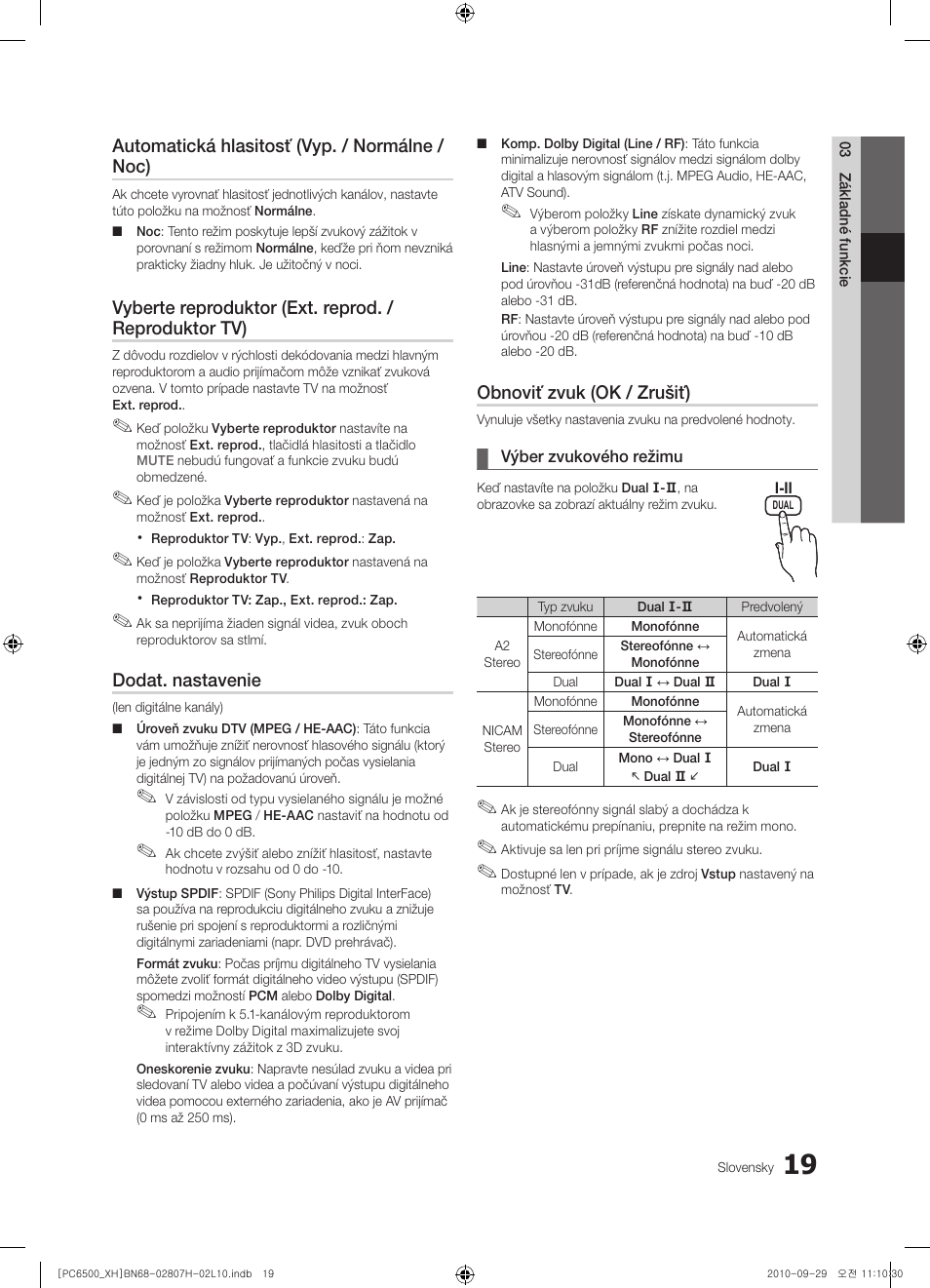Automatická hlasitosť (vyp. / normálne / noc), Dodat. nastavenie, Obnoviť zvuk (ok / zrušiť) | Samsung PS50C6500TW User Manual | Page 404 / 551