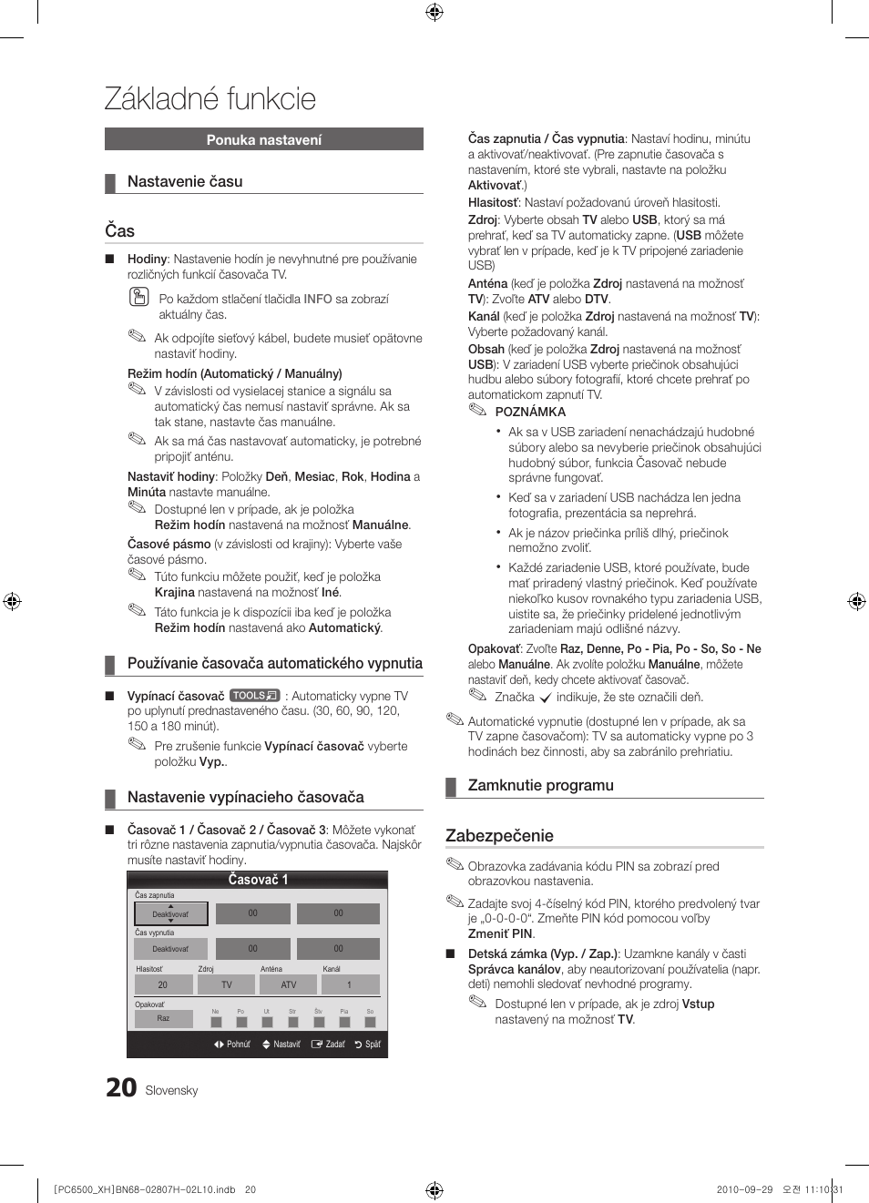 Základné funkcie, Zabezpečenie | Samsung PS50C6500TW User Manual | Page 405 / 551