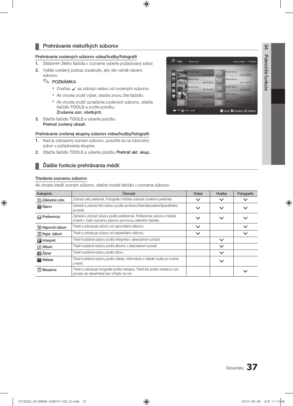 Prehrávanie niekoľkých súborov, Ďalšie funkcie prehrávania médií | Samsung PS50C6500TW User Manual | Page 422 / 551