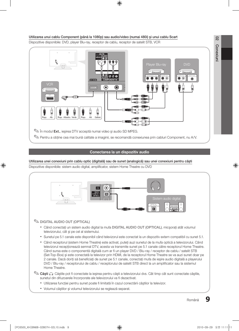 02 conexiuni, Conectarea la un dispozitiv audio | Samsung PS50C6500TW User Manual | Page 449 / 551