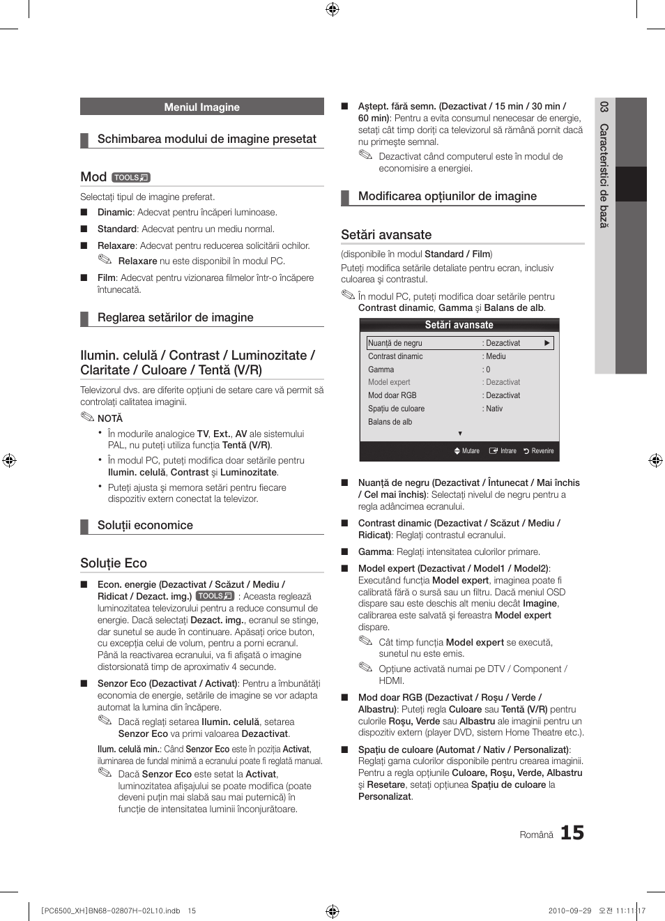 Soluţie eco, Setări avansate | Samsung PS50C6500TW User Manual | Page 455 / 551