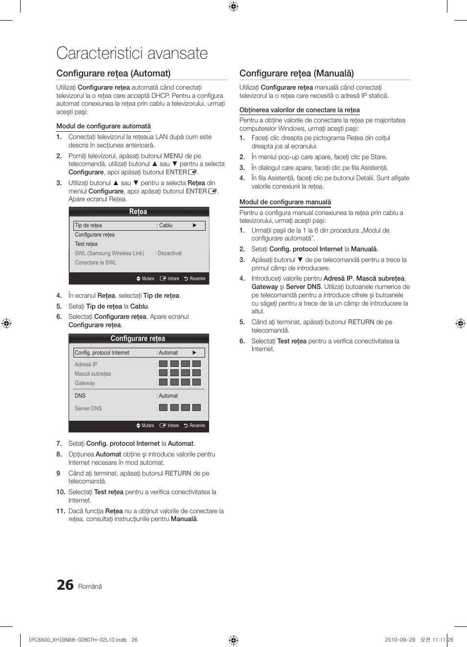 Caracteristici avansate, Configurare reţea (automat), Configurare reţea (manuală) | Samsung PS50C6500TW User Manual | Page 466 / 551