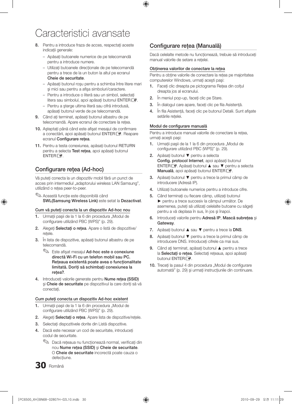 Caracteristici avansate, Configurare reţea (ad-hoc), Configurare reţea (manuală) | Samsung PS50C6500TW User Manual | Page 470 / 551