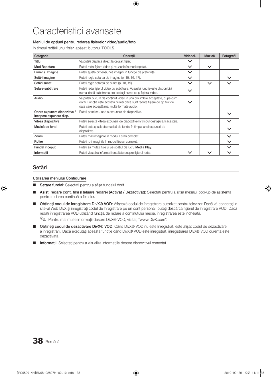 Caracteristici avansate, Setări | Samsung PS50C6500TW User Manual | Page 478 / 551