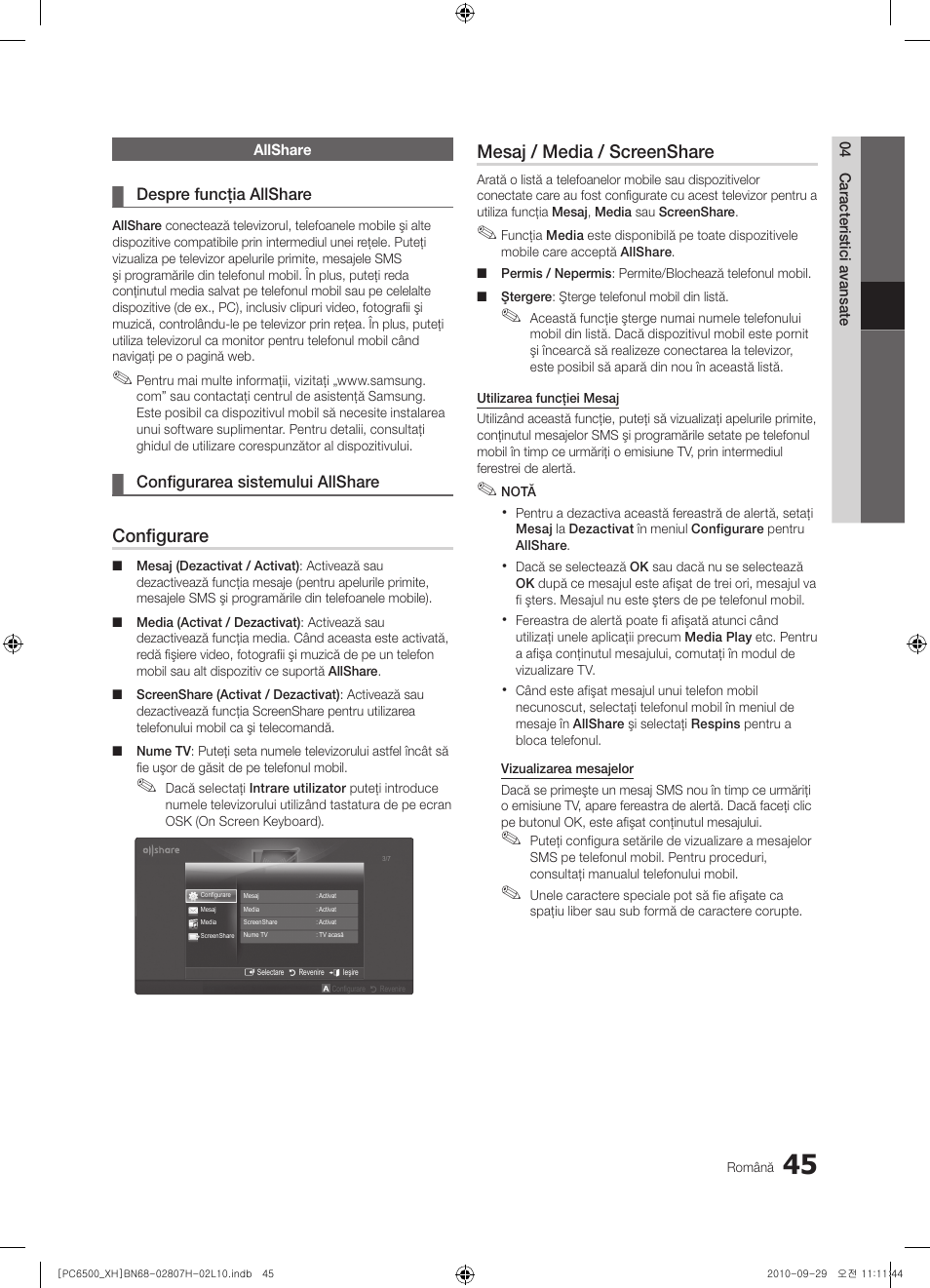 Configurare, Mesaj / media / screenshare | Samsung PS50C6500TW User Manual | Page 485 / 551