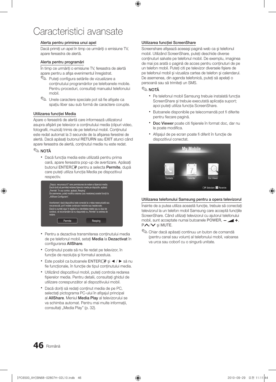 Caracteristici avansate | Samsung PS50C6500TW User Manual | Page 486 / 551