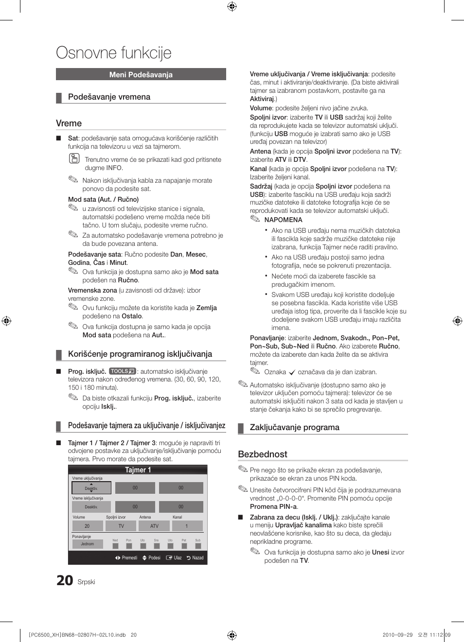 Osnovne funkcije, Vreme, Bezbednost | Samsung PS50C6500TW User Manual | Page 515 / 551