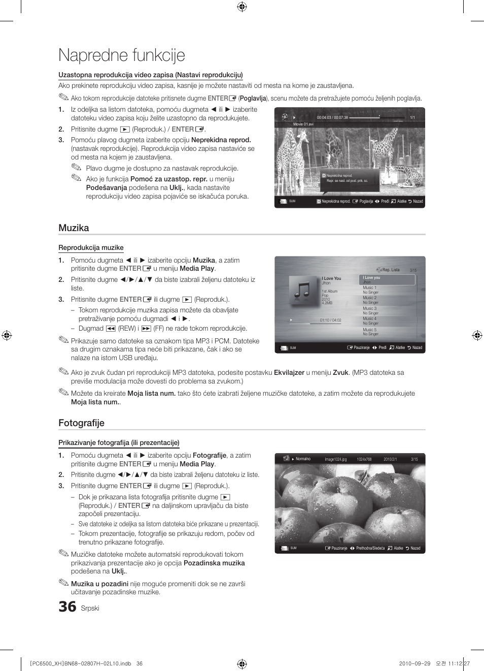 Napredne funkcije, Muzika, Fotografije | Samsung PS50C6500TW User Manual | Page 531 / 551