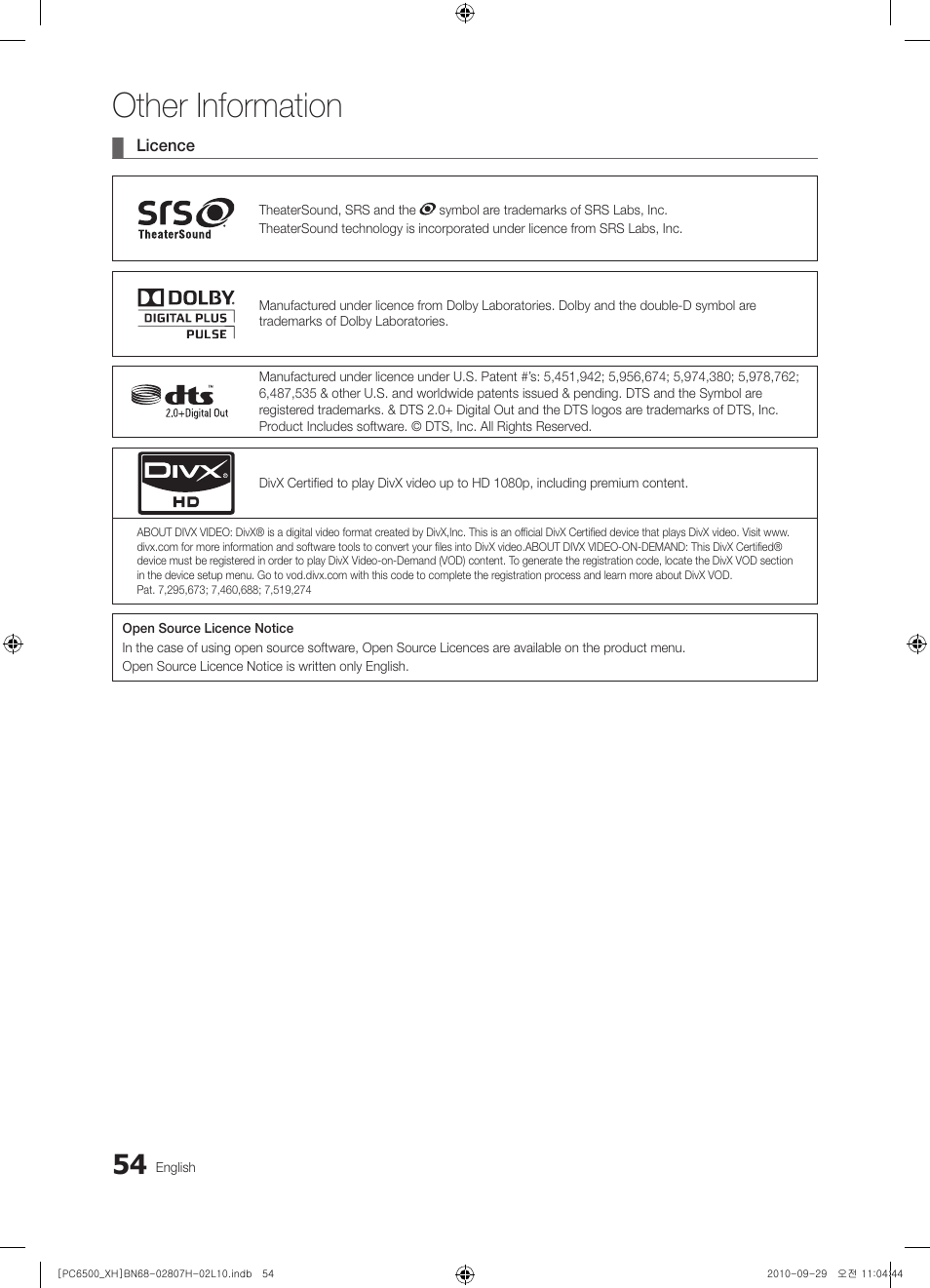 Other information | Samsung PS50C6500TW User Manual | Page 54 / 551