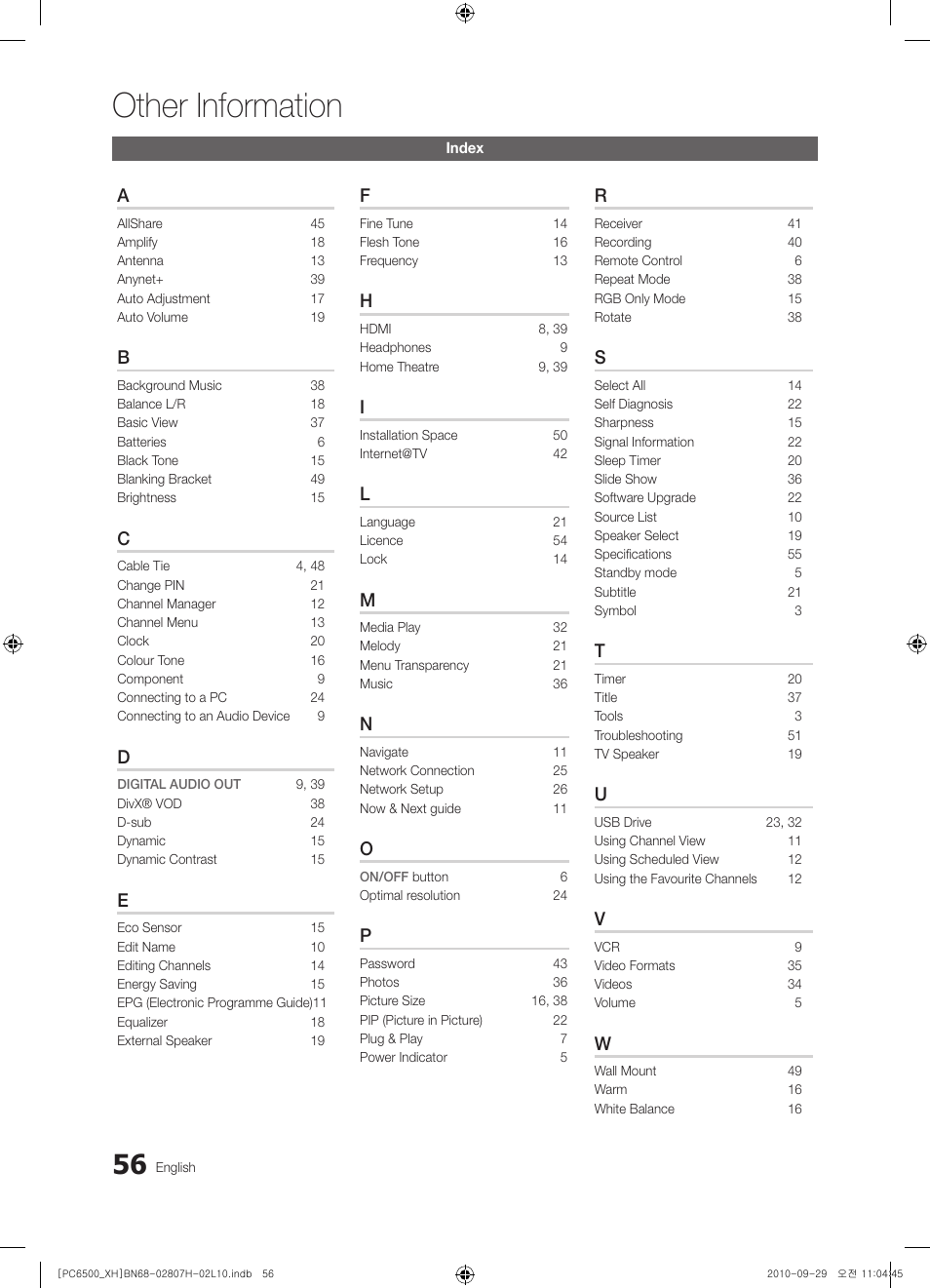 Other information | Samsung PS50C6500TW User Manual | Page 56 / 551