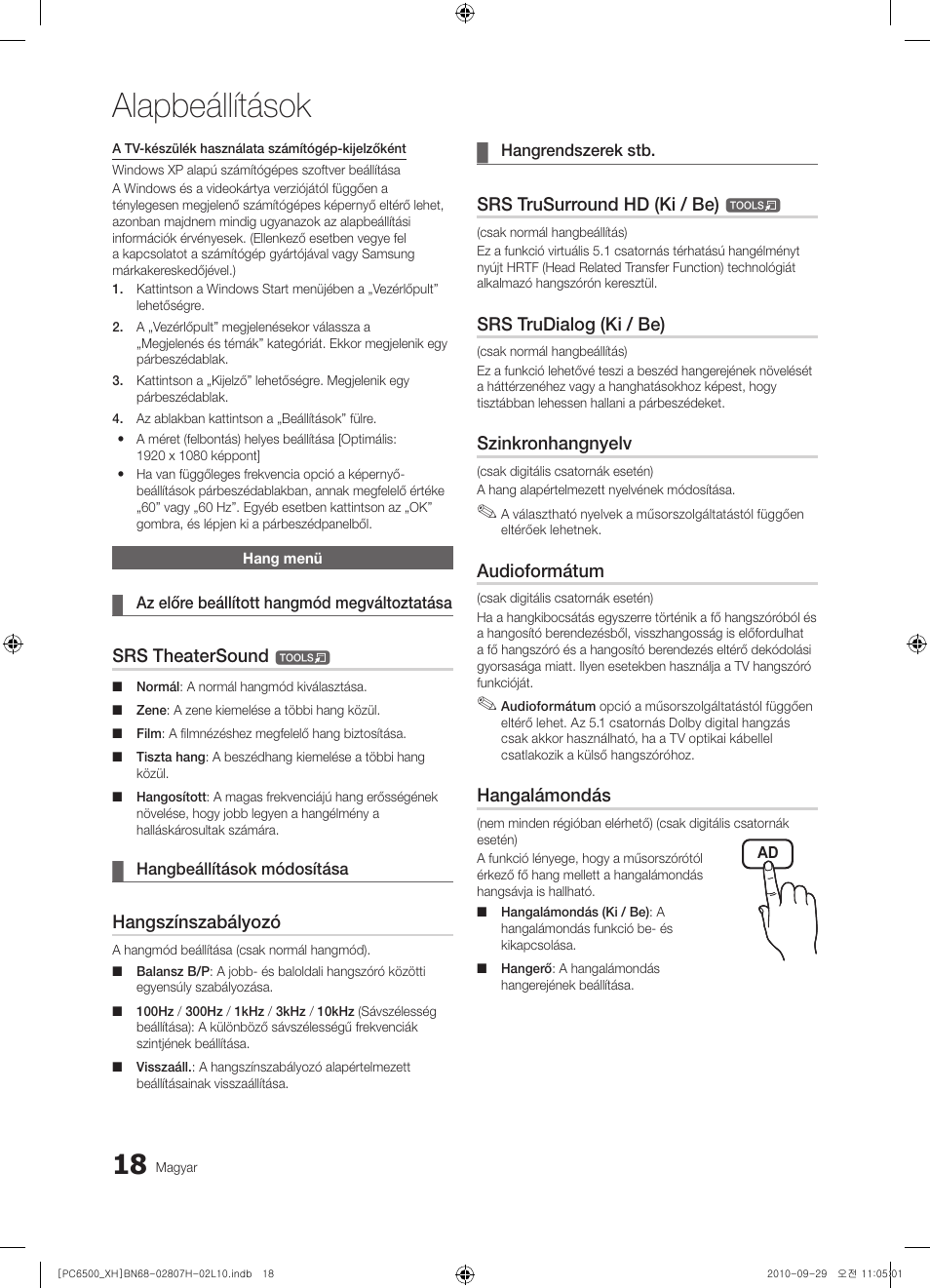 Alapbeállítások, Srs theatersound, Hangszínszabályozó | Srs trusurround hd (ki / be), Srs trudialog (ki / be), Szinkronhangnyelv, Audioformátum, Hangalámondás | Samsung PS50C6500TW User Manual | Page 73 / 551