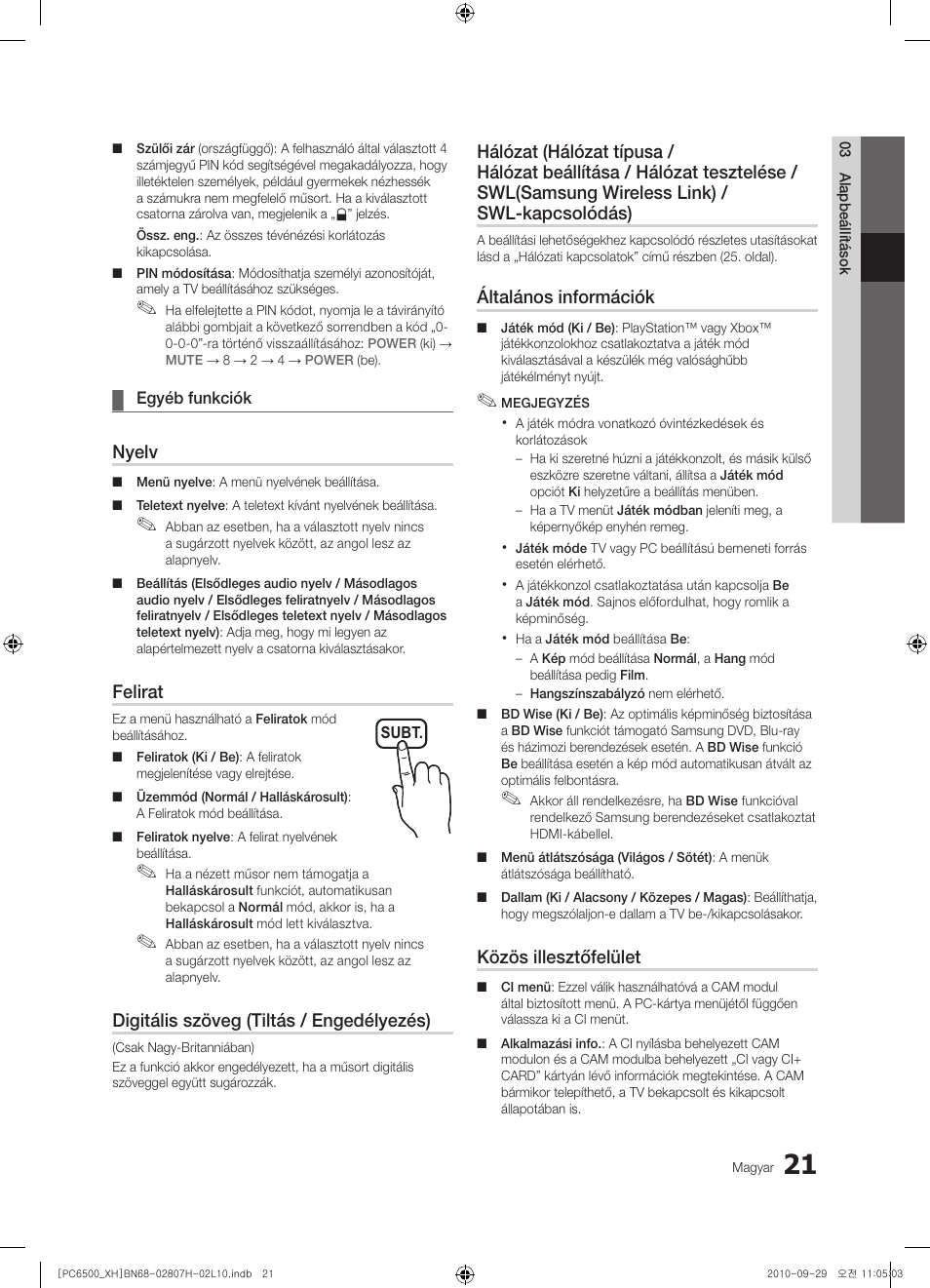 Nyelv, Felirat, Digitális szöveg (tiltás / engedélyezés) | Általános információk, Közös illesztőfelület | Samsung PS50C6500TW User Manual | Page 76 / 551