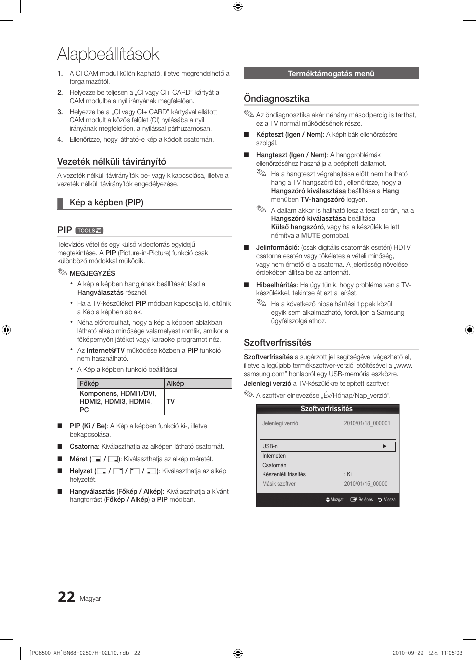 Alapbeállítások, Vezeték nélküli távirányító, Öndiagnosztika | Szoftverfrissítés | Samsung PS50C6500TW User Manual | Page 77 / 551