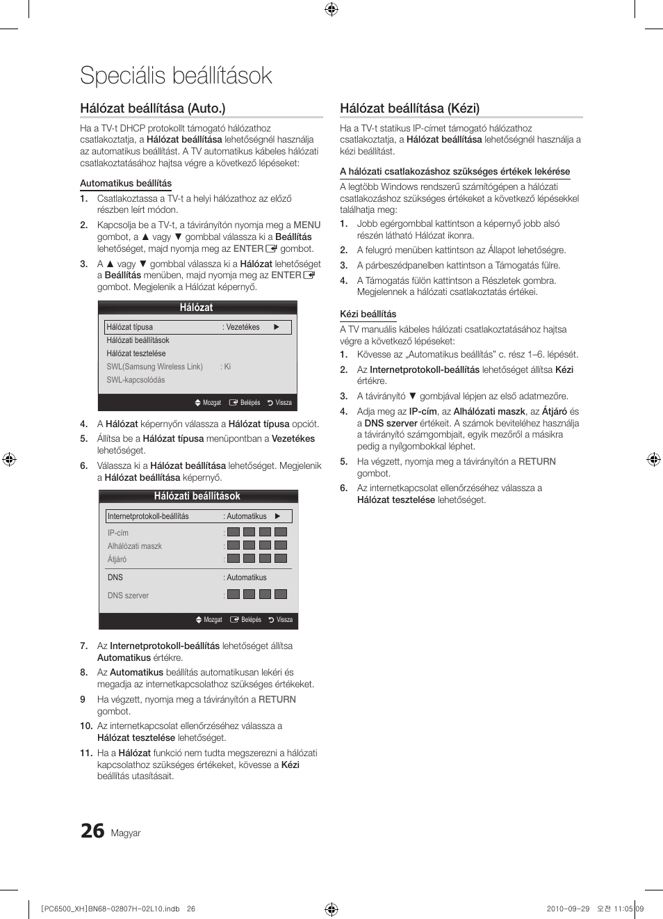 Speciális beállítások, Hálózat beállítása (auto.), Hálózat beállítása (kézi) | Samsung PS50C6500TW User Manual | Page 81 / 551