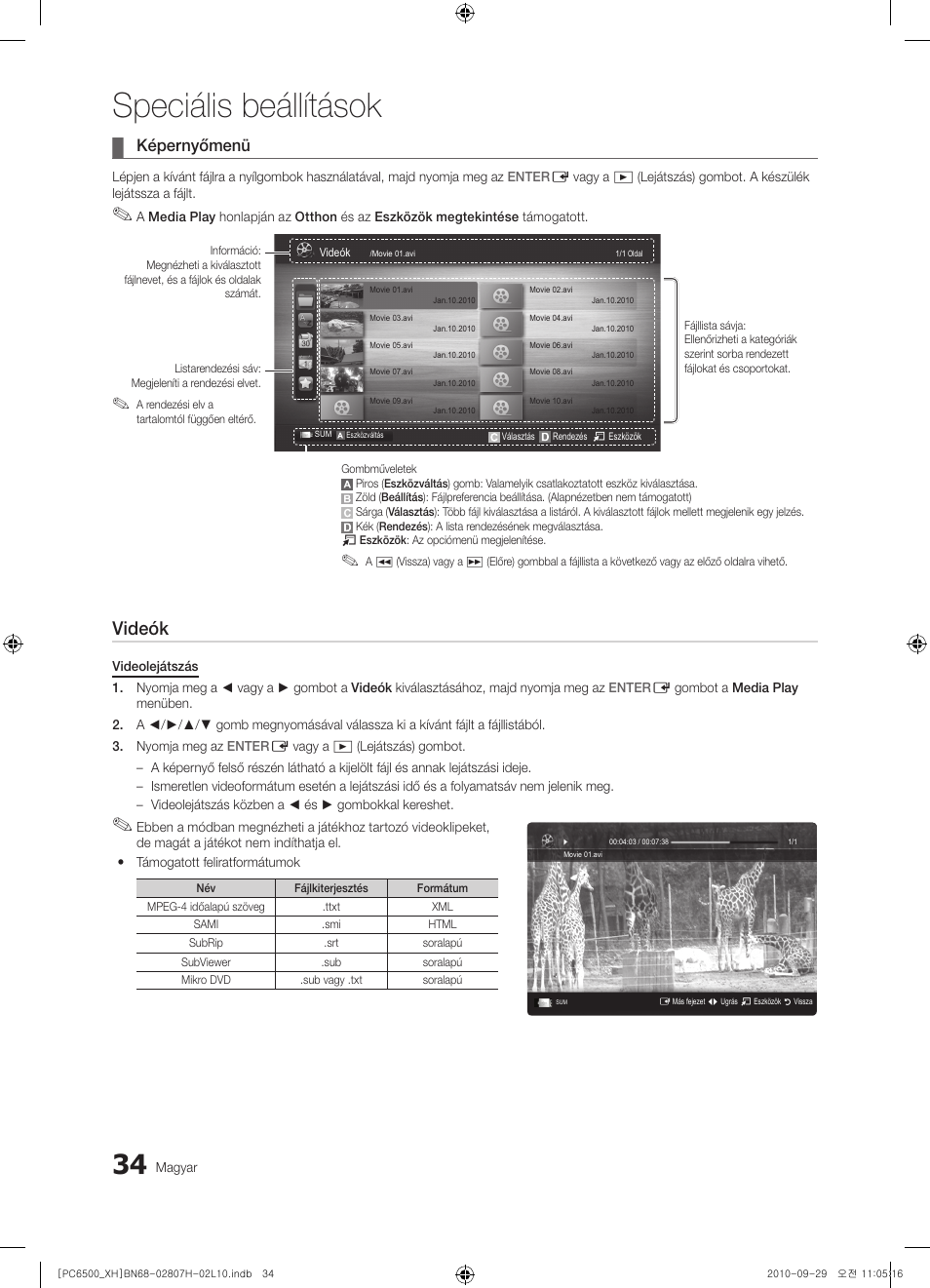 Speciális beállítások, Videók, Képernyőmenü | Samsung PS50C6500TW User Manual | Page 89 / 551