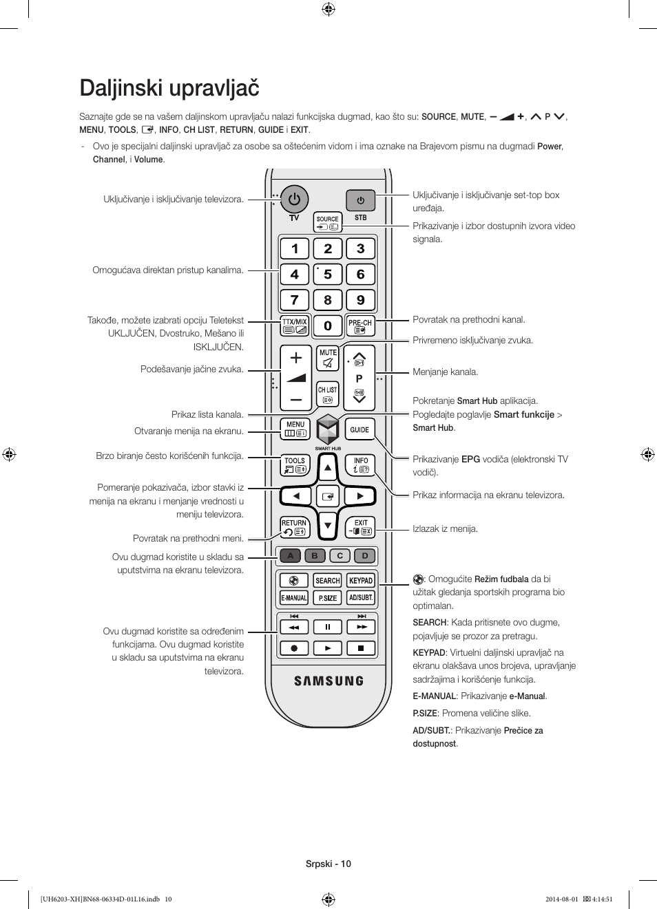 Daljinski upravljač | Samsung UE46H5303AW User Manual | Page 190 / 322