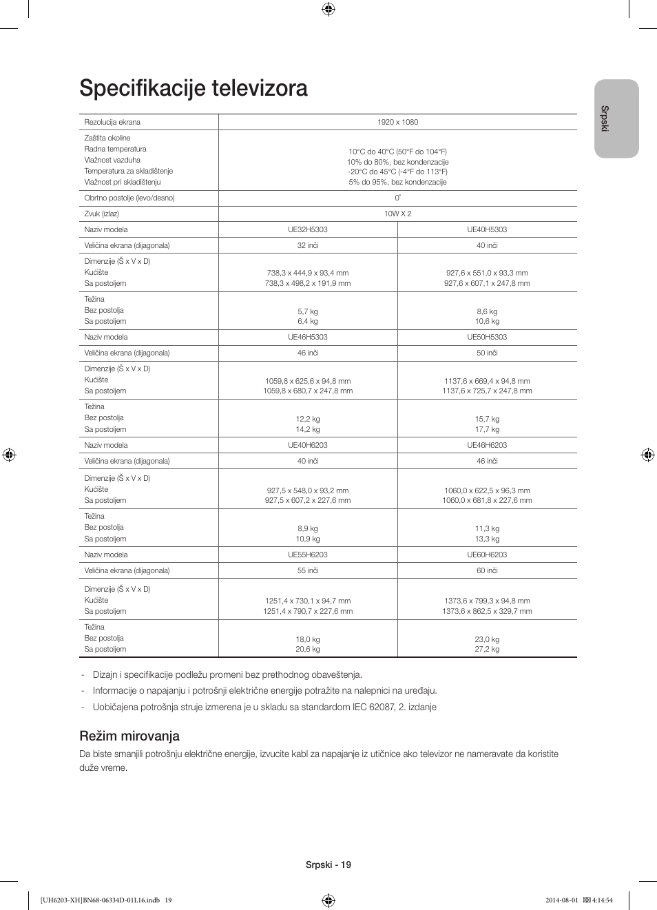 Specifikacije televizora, Režim mirovanja | Samsung UE46H5303AW User Manual | Page 199 / 322