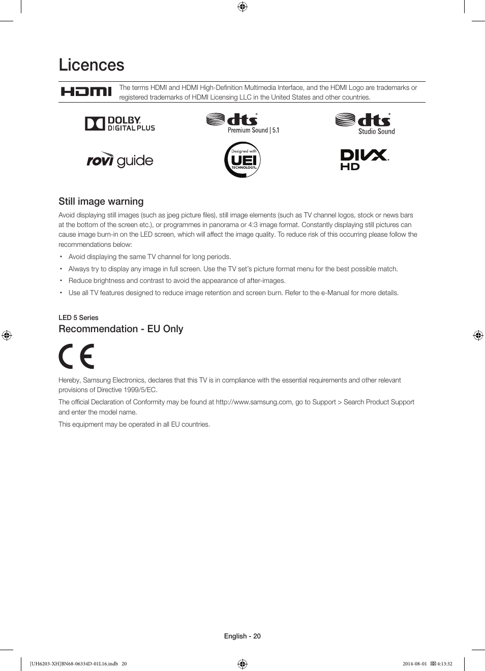 Licences, Still image warning, Recommendation - eu only | Samsung UE46H5303AW User Manual | Page 20 / 322