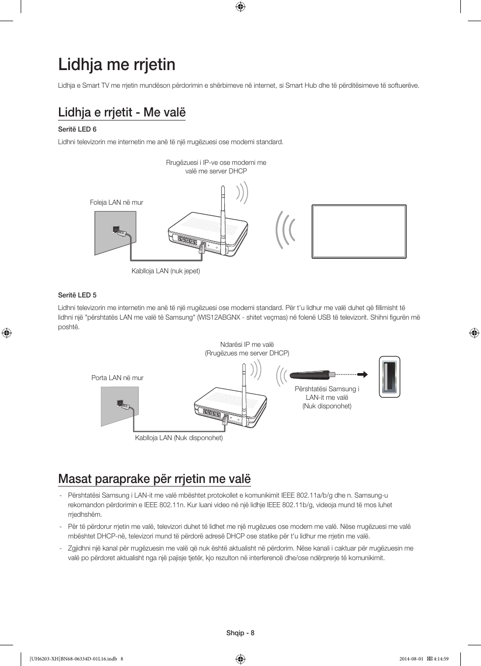 Lidhja me rrjetin, Lidhja e rrjetit - me valë, Masat paraprake për rrjetin me valë | Samsung UE46H5303AW User Manual | Page 208 / 322