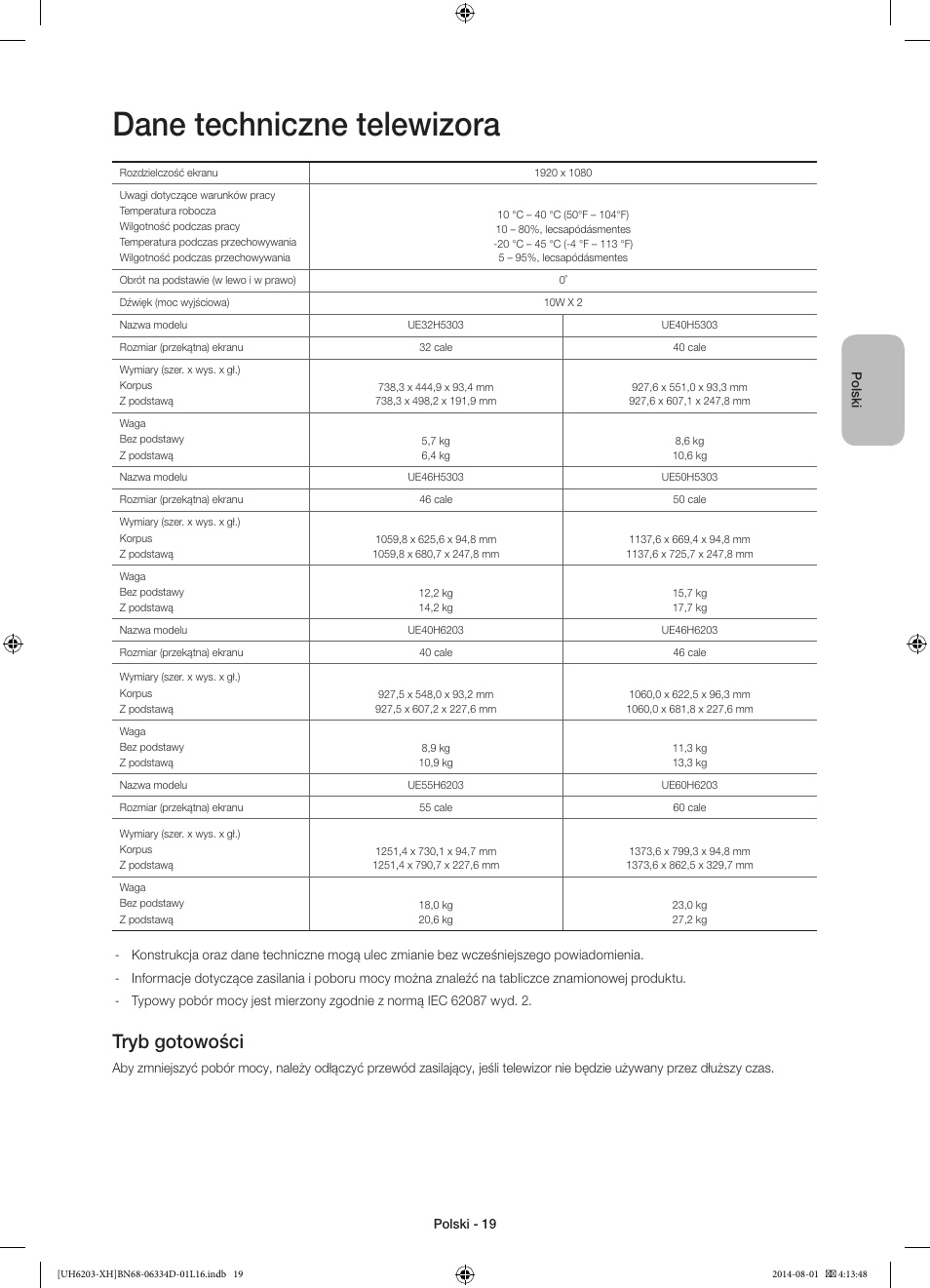 Dane techniczne telewizora, Tryb gotowości | Samsung UE46H5303AW User Manual | Page 59 / 322