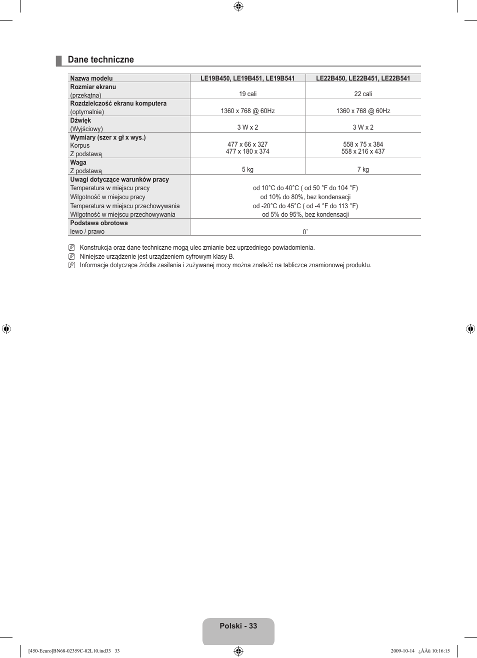 Dane techniczne | Samsung LE22B541C4W User Manual | Page 103 / 348