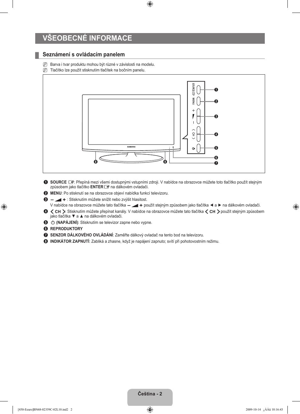 Všeobecné informace, Seznámení s ovládacím panelem | Samsung LE22B541C4W User Manual | Page 208 / 348