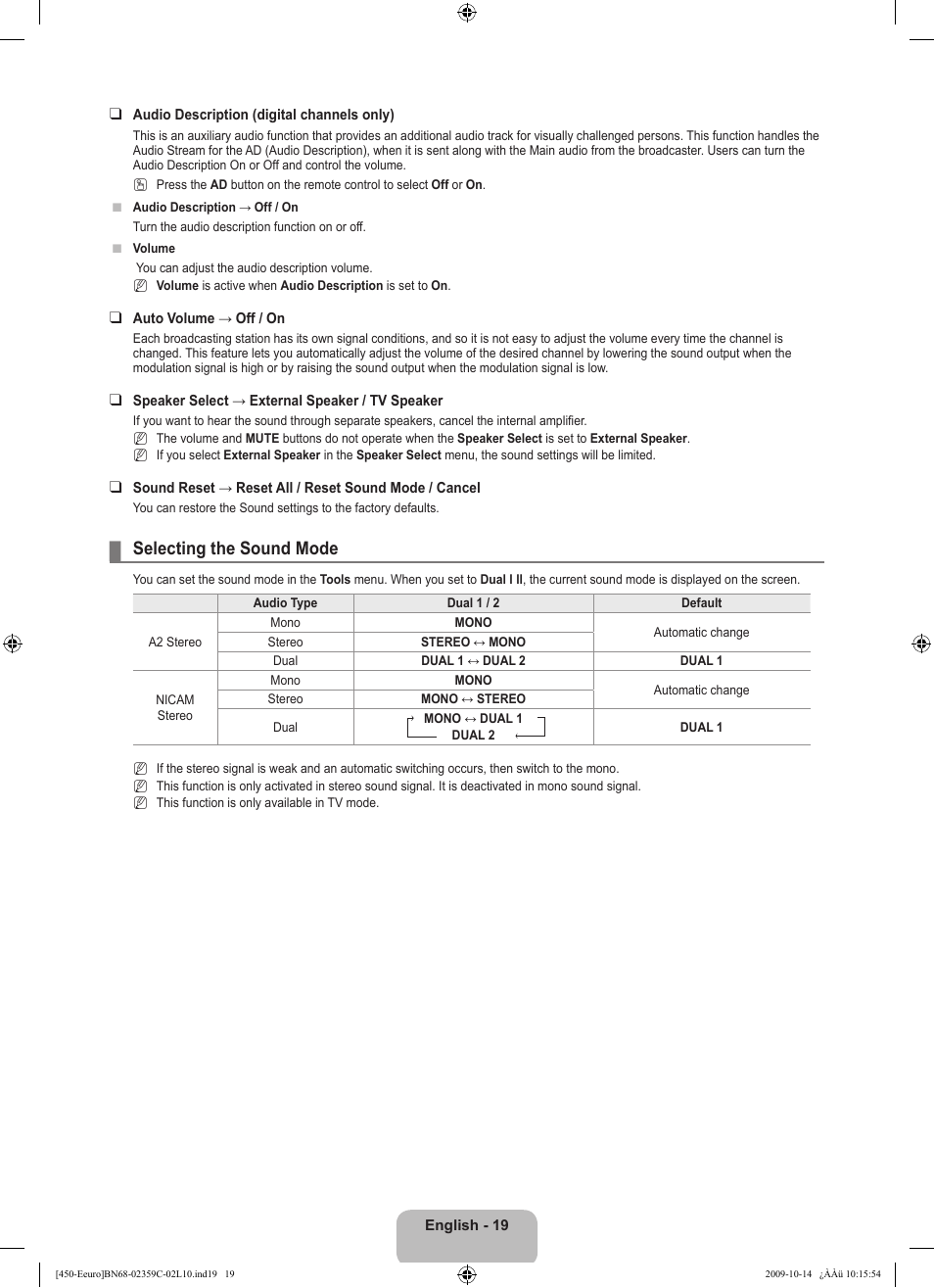 Selecting the sound mode | Samsung LE22B541C4W User Manual | Page 21 / 348