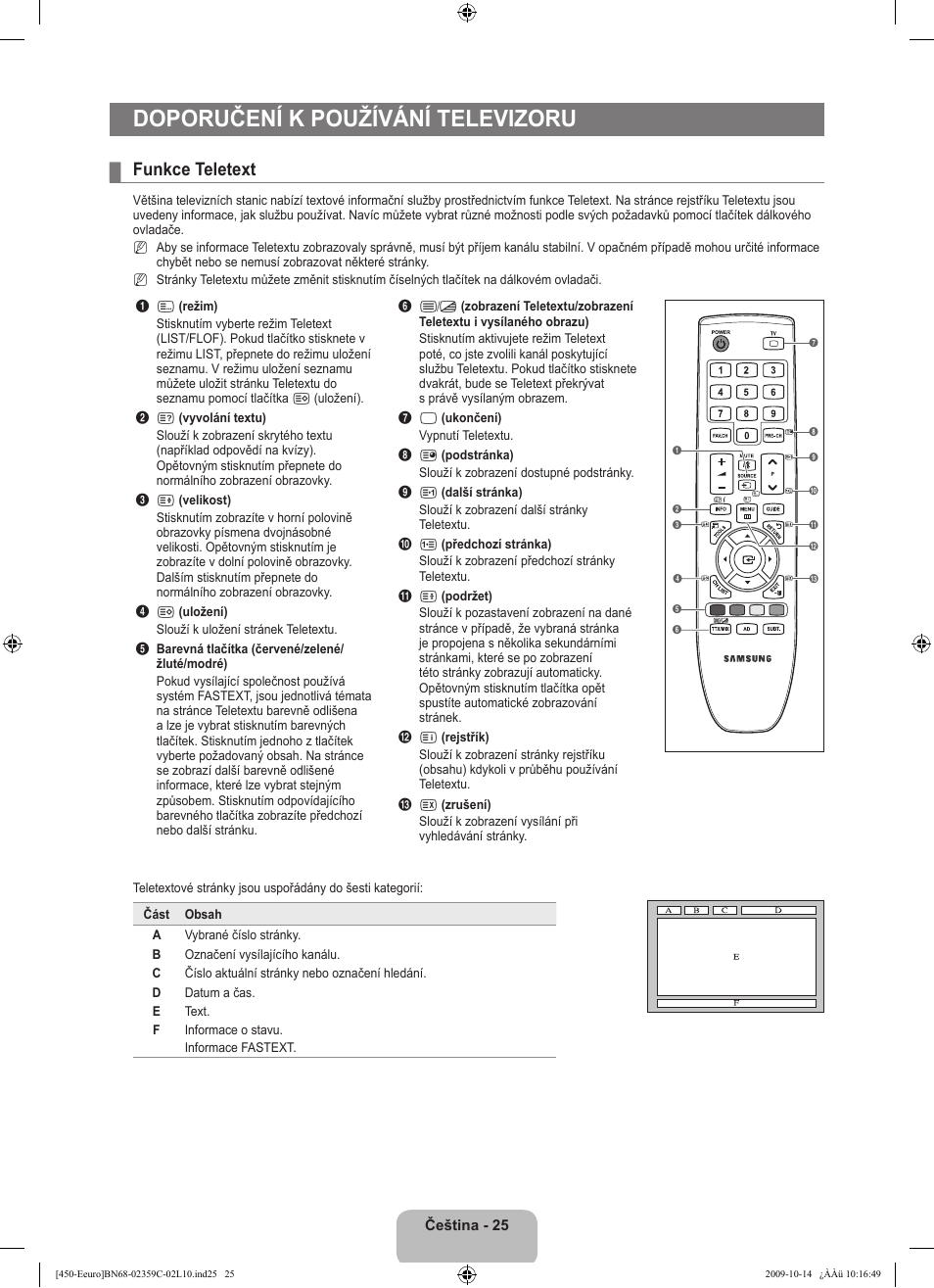 Doporučení k používání televizoru, Funkce teletext | Samsung LE22B541C4W User Manual | Page 231 / 348