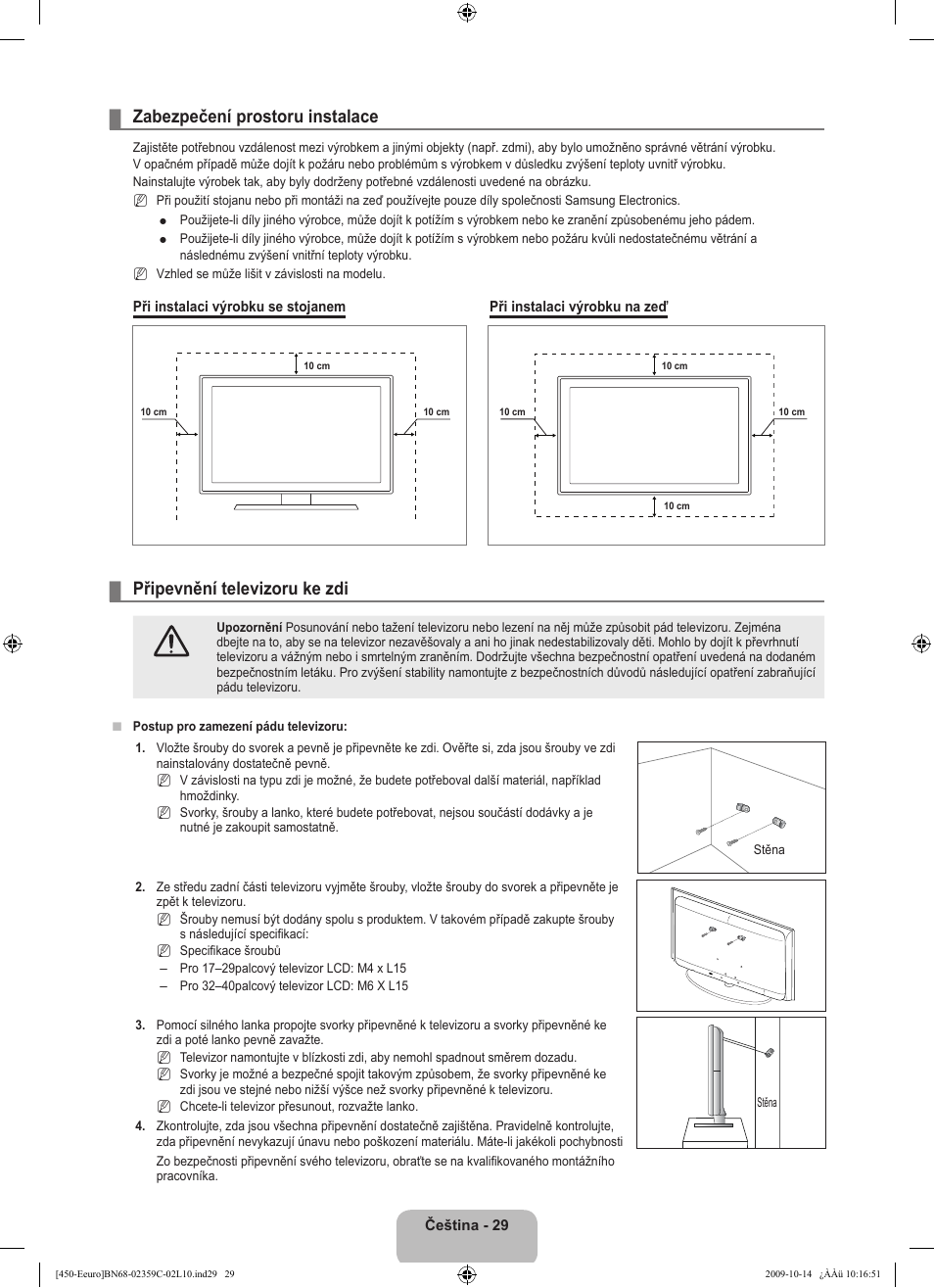 Zabezpečení prostoru instalace, Připevnění televizoru ke zdi | Samsung LE22B541C4W User Manual | Page 235 / 348