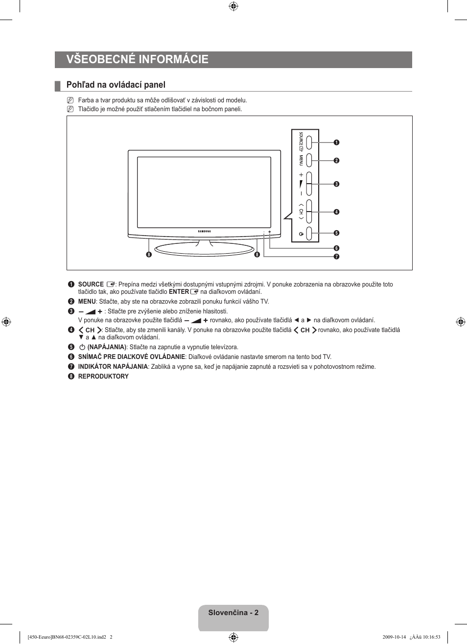 Všeobecné informácie, Pohľad na ovládací panel | Samsung LE22B541C4W User Manual | Page 242 / 348