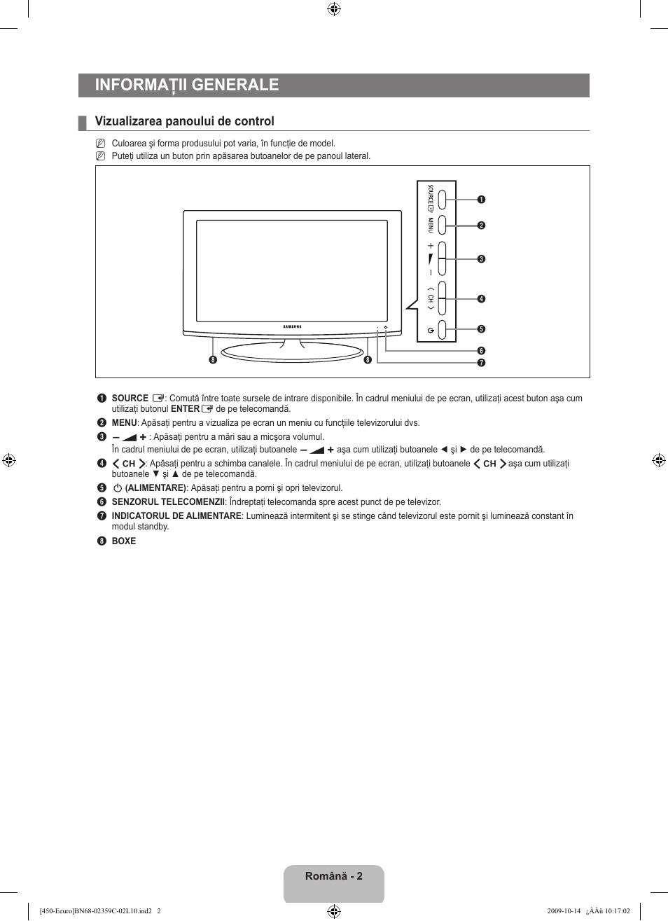 Informaţii generale, Vizualizarea panoului de control | Samsung LE22B541C4W User Manual | Page 276 / 348