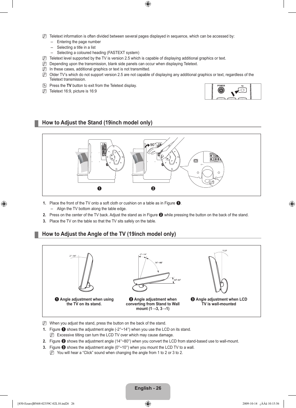 How to adjust the stand (19inch model only) | Samsung LE22B541C4W User Manual | Page 28 / 348