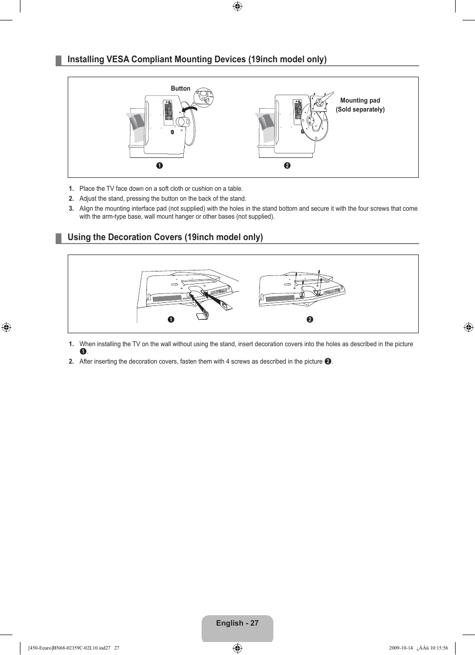 Using the decoration covers (19inch model only) | Samsung LE22B541C4W User Manual | Page 29 / 348