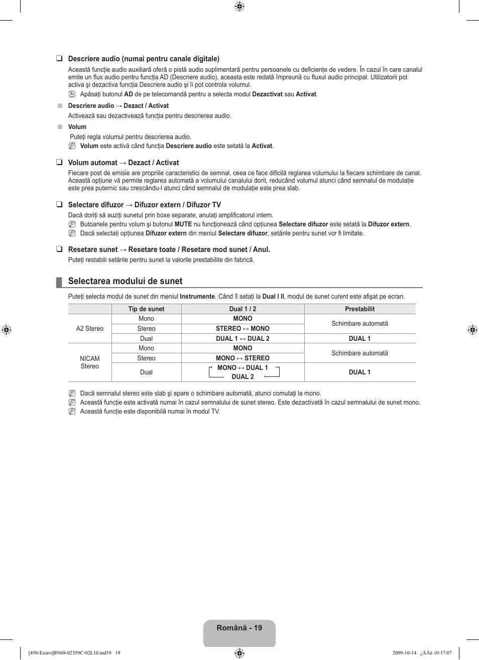 Selectarea modului de sunet | Samsung LE22B541C4W User Manual | Page 293 / 348