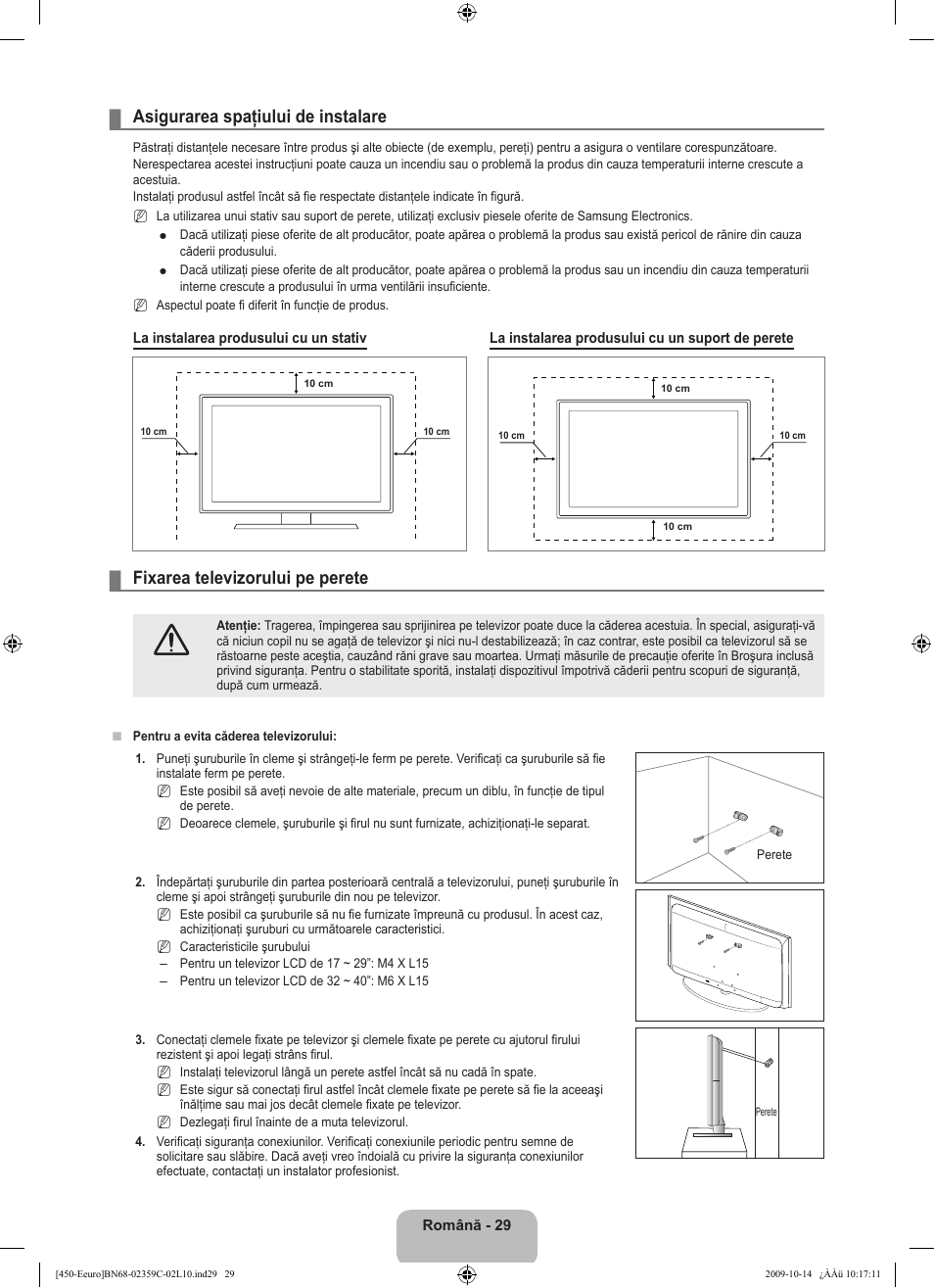 Asigurarea spaţiului de instalare, Fixarea televizorului pe perete | Samsung LE22B541C4W User Manual | Page 303 / 348