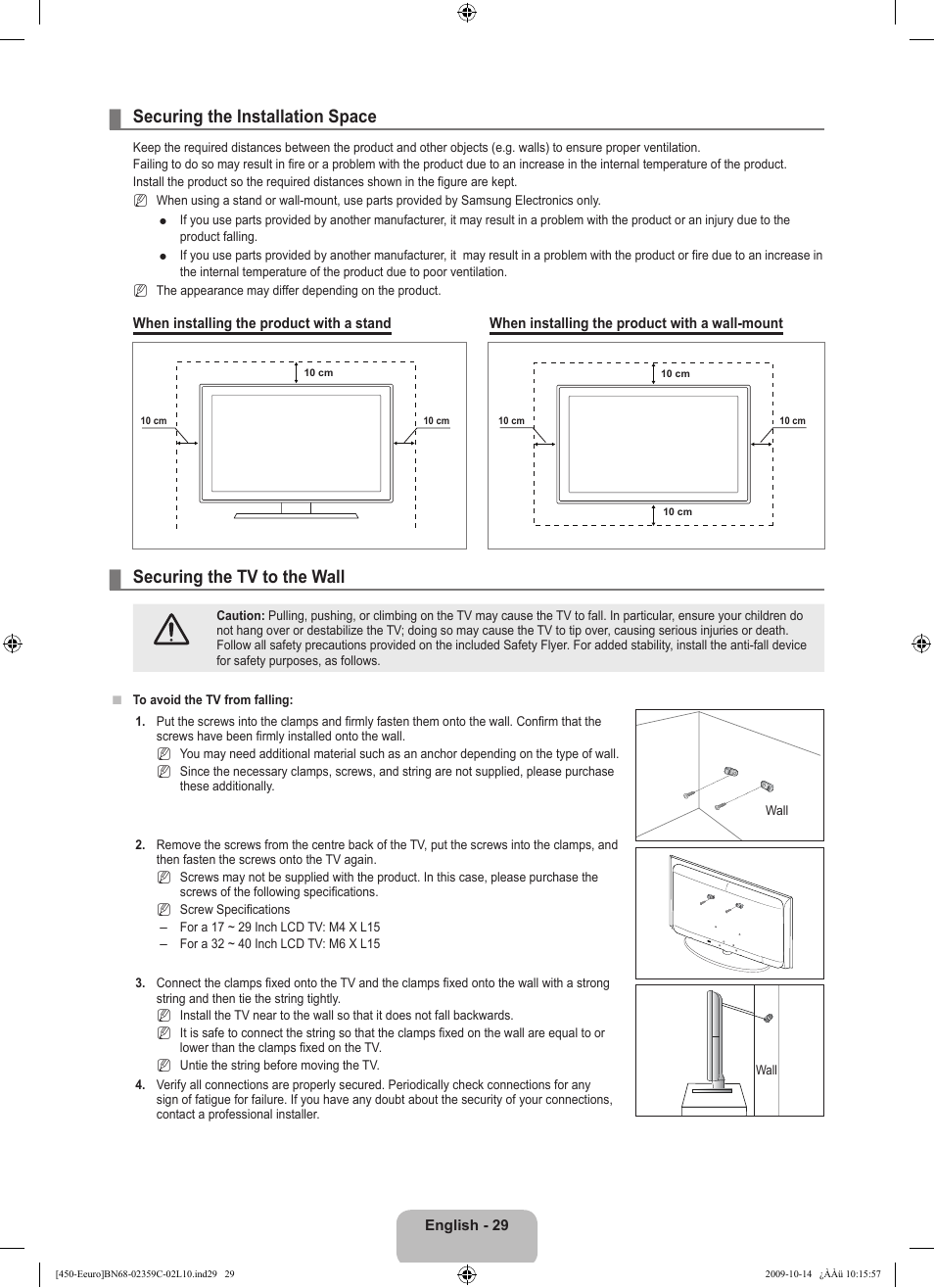 Securing the installation space, Securing the tv to the wall | Samsung LE22B541C4W User Manual | Page 31 / 348