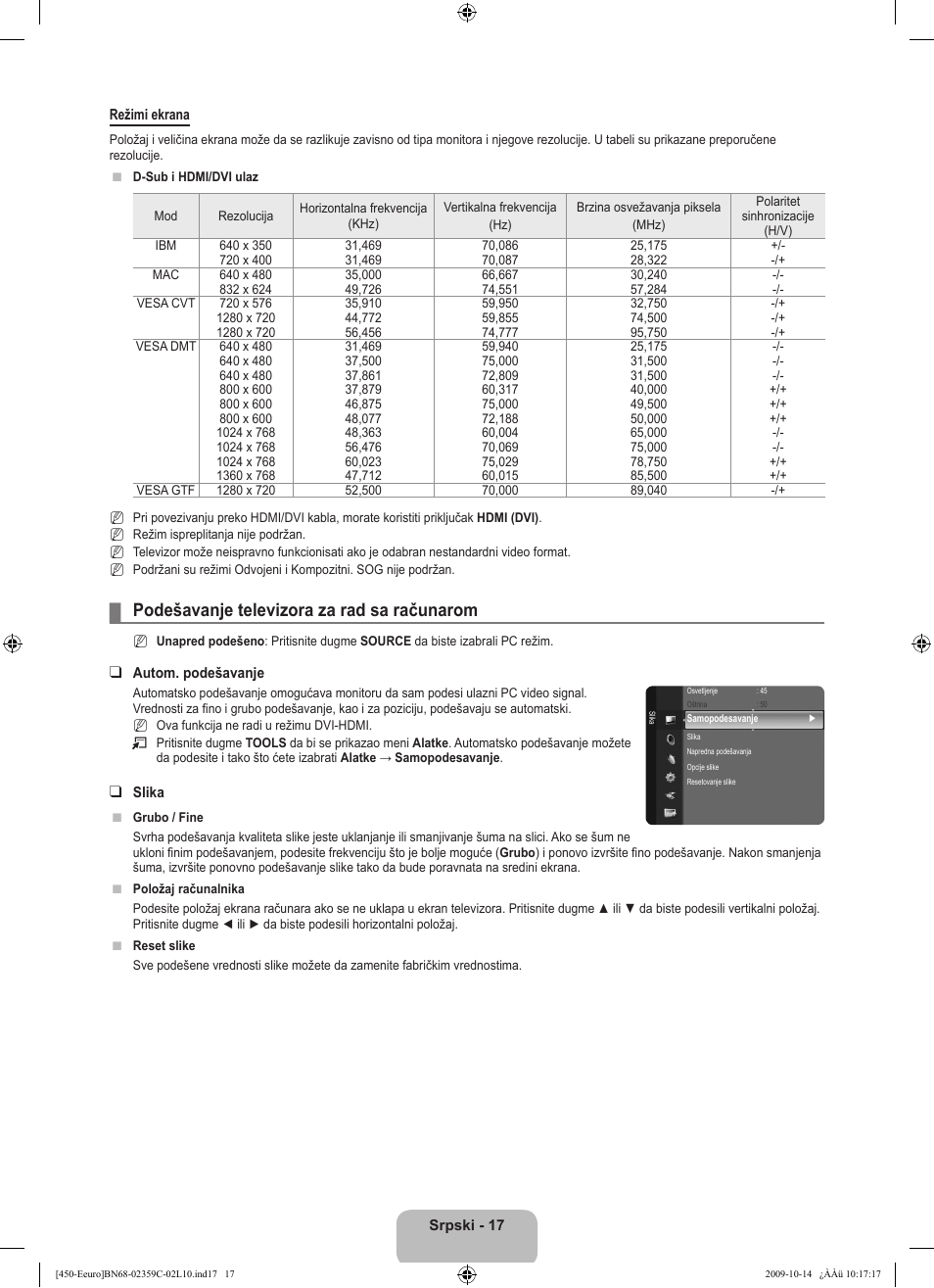 Podešavanje televizora za rad sa računarom | Samsung LE22B541C4W User Manual | Page 325 / 348