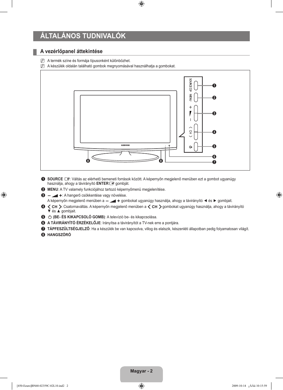 Általános tudnivalók, A vezérlőpanel áttekintése | Samsung LE22B541C4W User Manual | Page 38 / 348