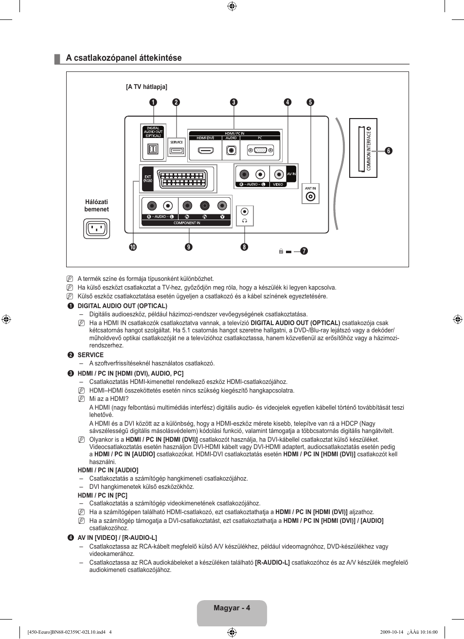 A csatlakozópanel áttekintése | Samsung LE22B541C4W User Manual | Page 40 / 348