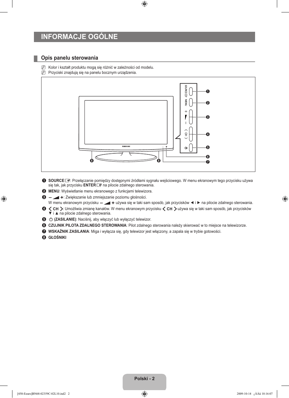 Informacje ogólne, Opis panelu sterowania | Samsung LE22B541C4W User Manual | Page 72 / 348