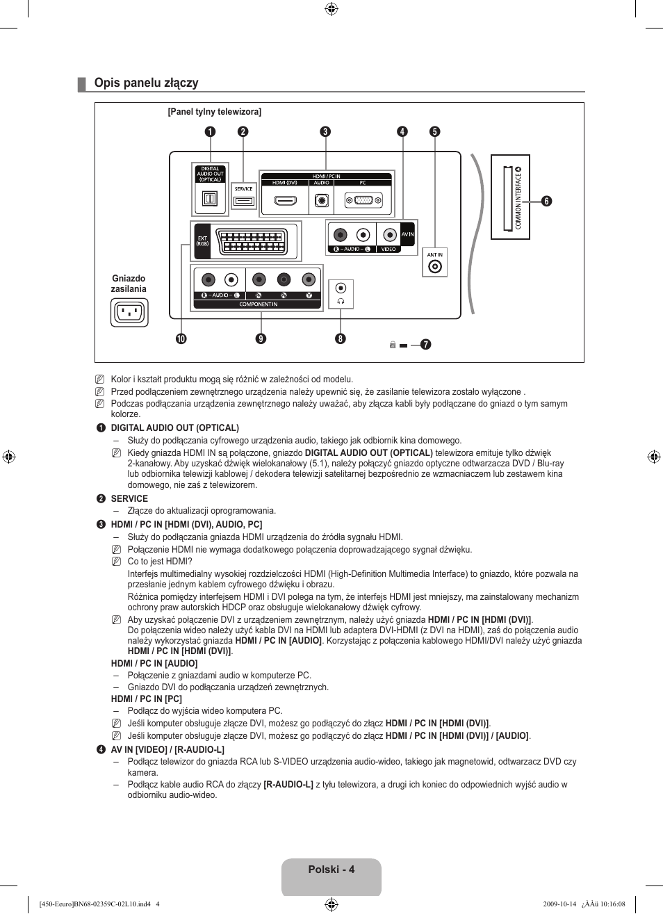 Opis panelu złączy | Samsung LE22B541C4W User Manual | Page 74 / 348