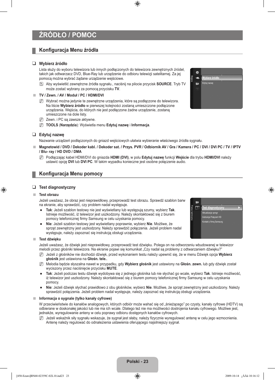 Źródło / pomoc, Konfiguracja menu źródła, Konfiguracja menu pomocy | Samsung LE22B541C4W User Manual | Page 93 / 348