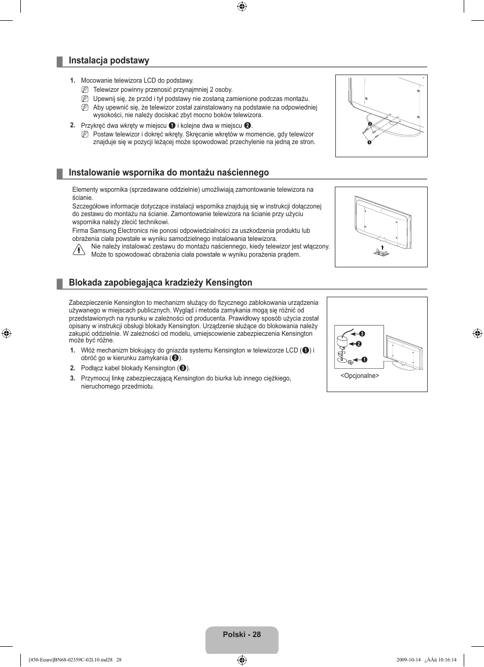 Instalacja podstawy, Instalowanie wspornika do montażu naściennego, Blokada zapobiegająca kradzieży kensington | Samsung LE22B541C4W User Manual | Page 98 / 348
