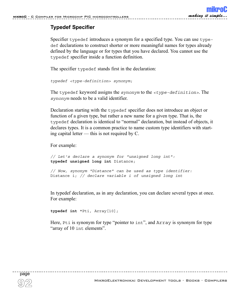 Typedef specifier, Mikroc | ABL electronic PIC Microcontrollers PIC16 User Manual | Page 100 / 312