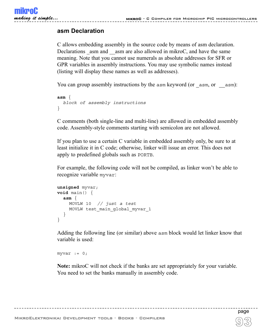 Asm declaration, Mikroc | ABL electronic PIC Microcontrollers PIC16 User Manual | Page 101 / 312