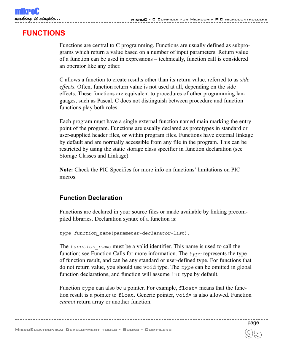 Functions, Function declaration, Mikroc | ABL electronic PIC Microcontrollers PIC16 User Manual | Page 103 / 312