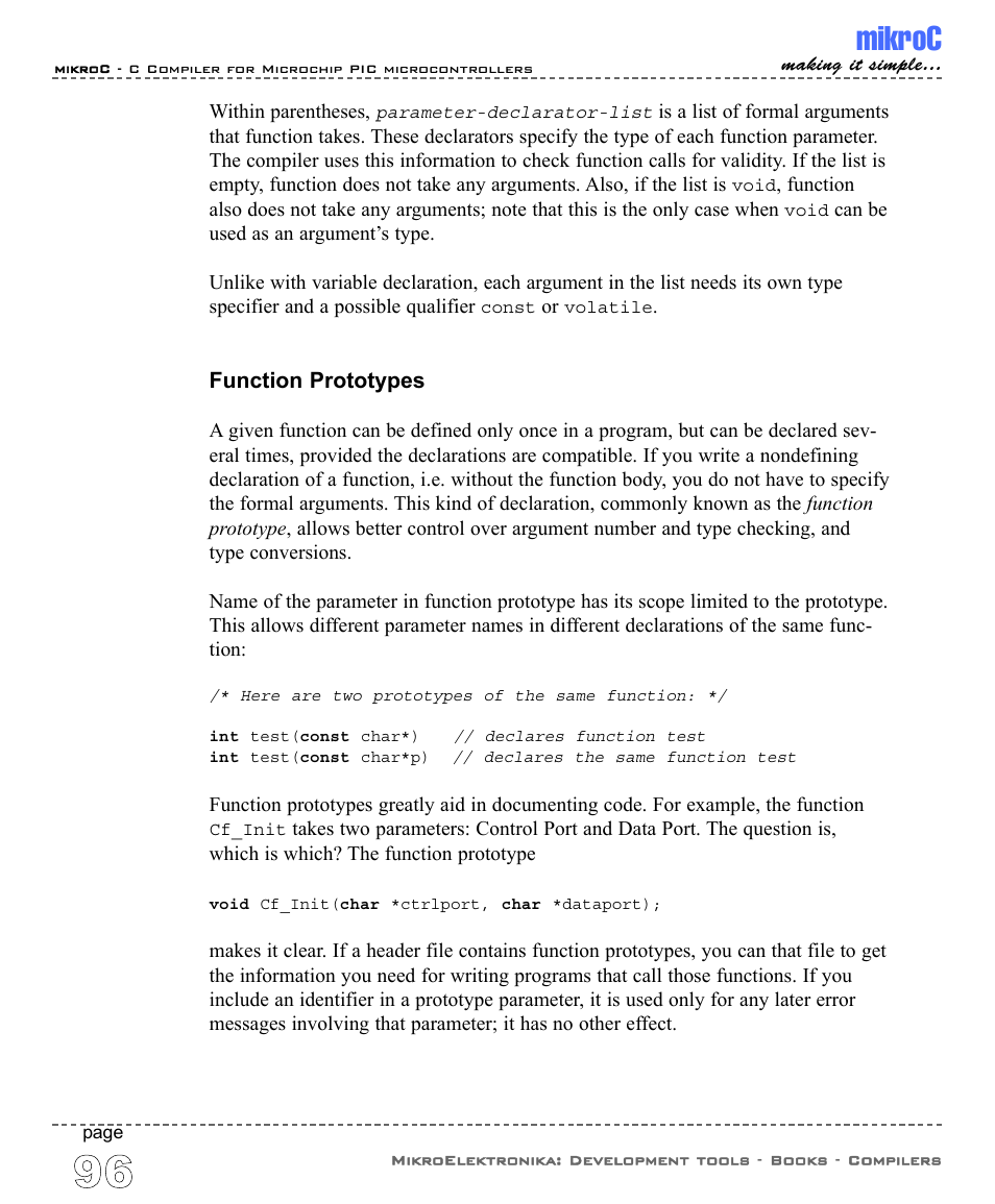Function prototypes, Mikroc | ABL electronic PIC Microcontrollers PIC16 User Manual | Page 104 / 312