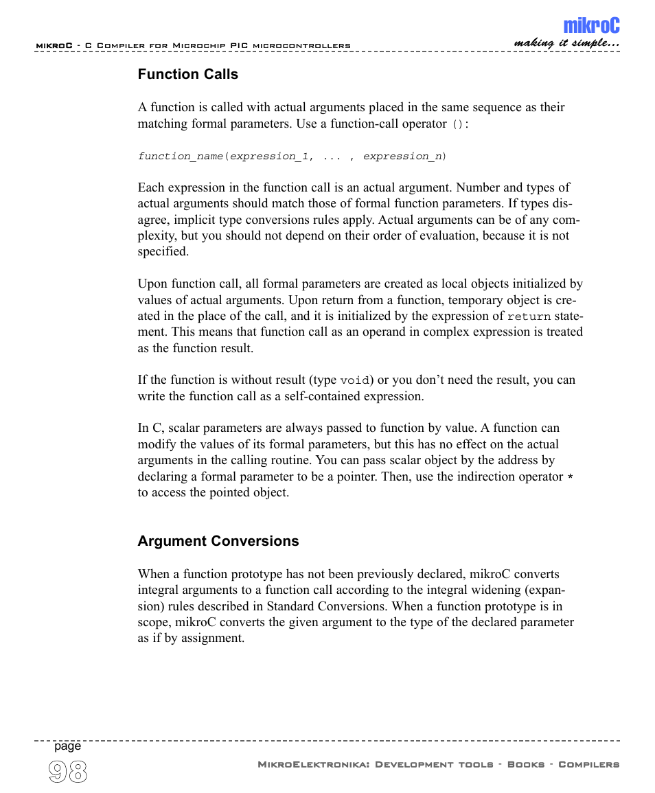 Function calls, Argument conversions, Mikroc | ABL electronic PIC Microcontrollers PIC16 User Manual | Page 106 / 312